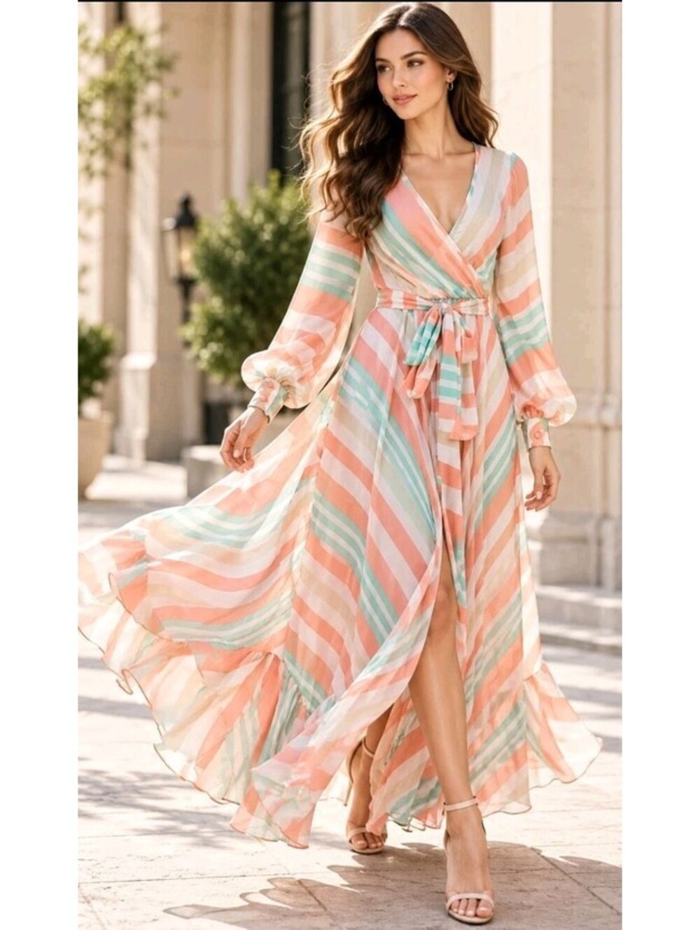 Va Va Voom multicolor diagonal stripe Size S faux-wrap maxi dress NWT #X